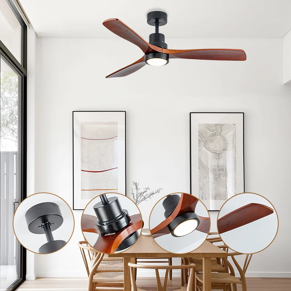 42/52-Inch LED Ceiling Fan Light Simple Wooden Blade Design for Home and Commercial Decor Remote Control for Living Room