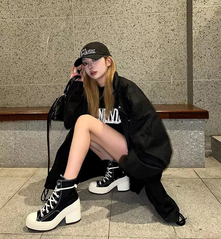 Women Platform Sneakers Designer Women Boots Fashion Outdoor Vulcanize Shoes Women High Top Canvas High Heels Plus Size 36-42