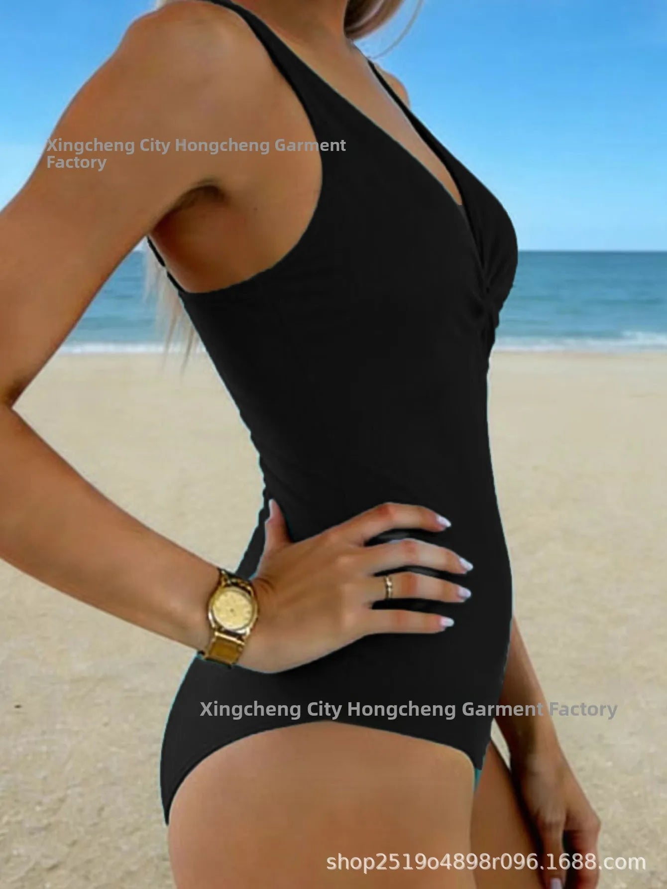 Fashionable Women's One-Piece Swimsuit Tummy Control Trendy Swimwear Cross-Border 2026 New Style Pure Color No Sleeve