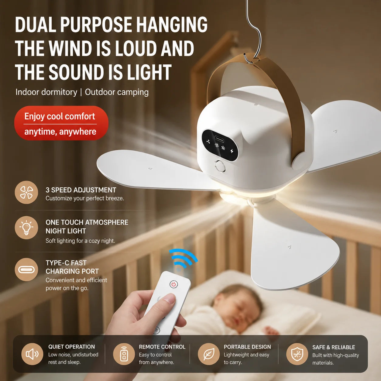 Ceiling Fan Portable Camping Tent Ceiling Canopy Fan 8000mah Rechargeable Wireless Fan Air Circulators with Remote Control Light