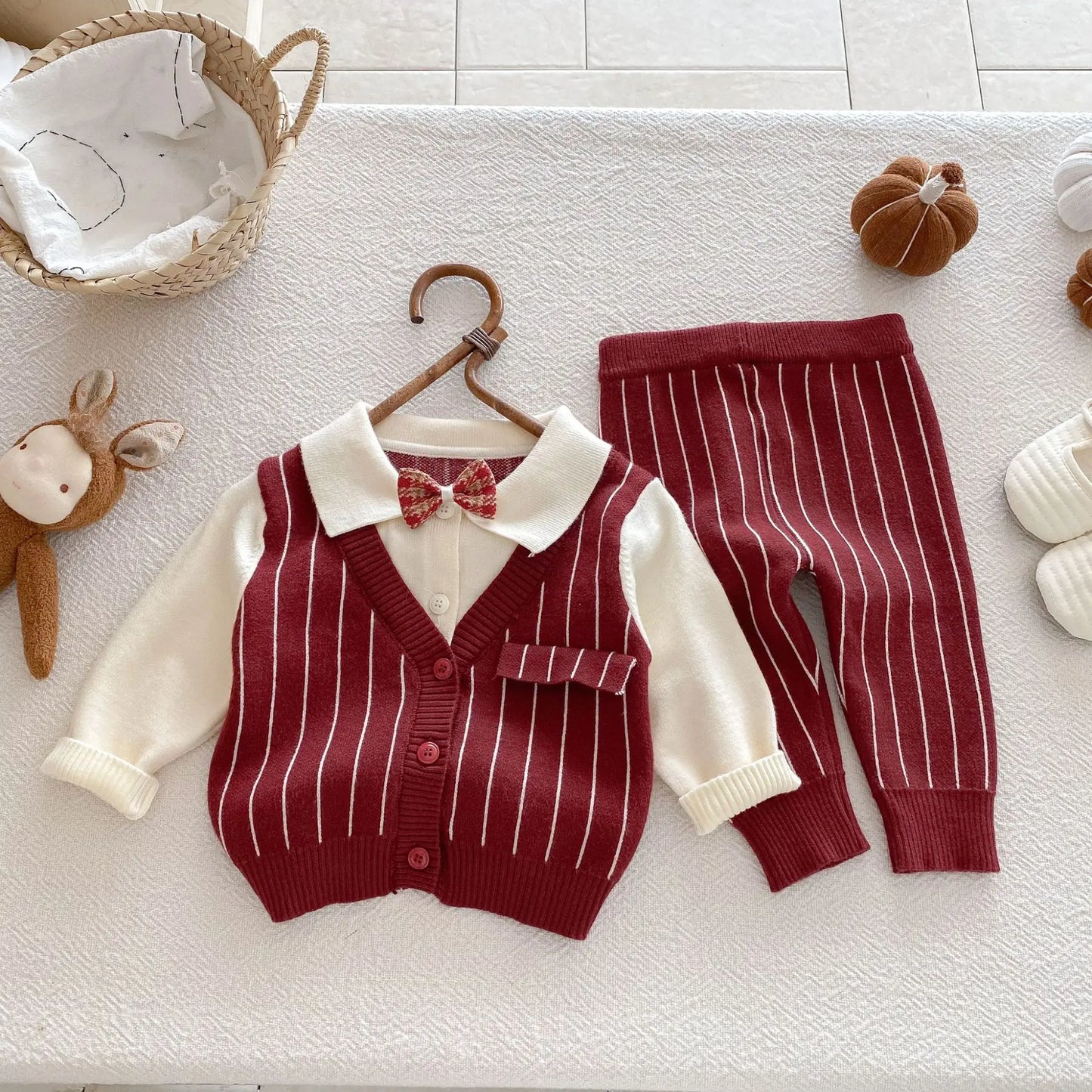 2025 Baby Clothes Toddler Baby Boy Knit Striped 3Pcs Sets 0-2Y Bow Tie Shirt and Pants Gentleman Casual Formal Infant Outfit