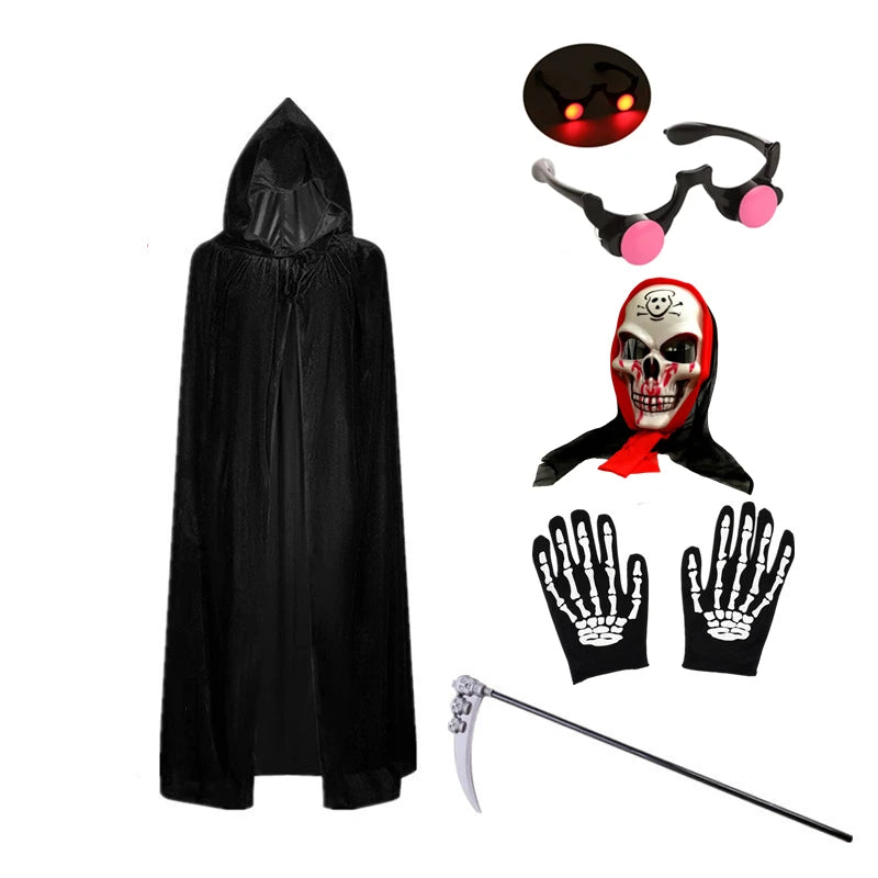 Halloween Scary Costume Grim Reaper Costume for Boys Kids Costume with Glowing Red Eyes with Gloves Mask