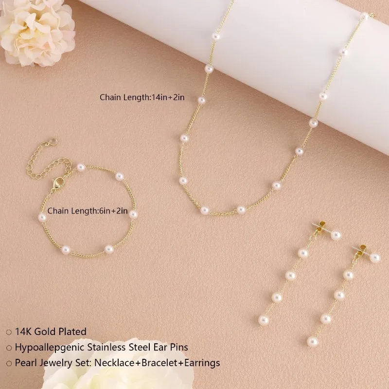 Minar Classic Imitation Pearl Jewelry Sets for Women 14K Real Gold Plated Brass Chain Strand Chokers Necklaces Bracelet Earrings