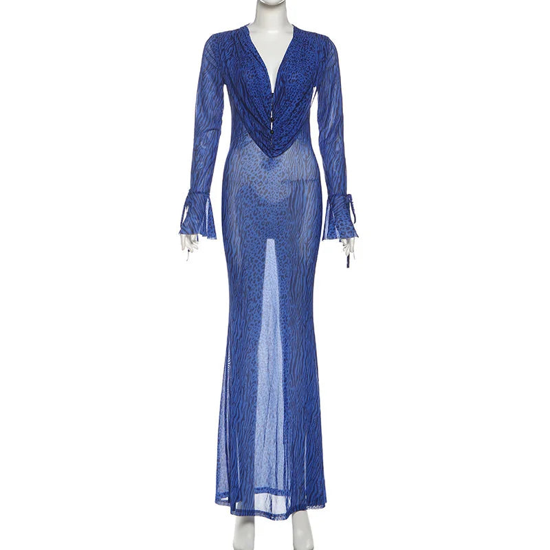 Mozision Deep V Neck Long Sleeve Sexy Maxi Dress Women Gown Elegant Leopard Print Mesh See Through Club Party Long Dresses