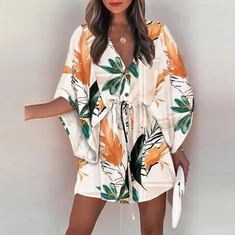 Women Casual Loose Dress Beach Boho Dress Fashion Vintage Print V Neck Drawstring Mini Dress Summer Dresses Robe Femme 2022