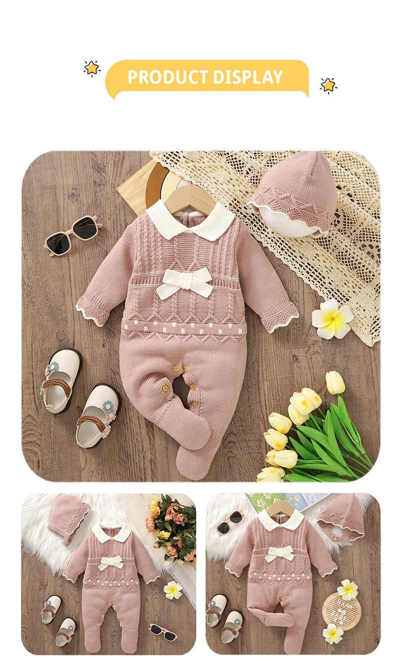 Soft Autumn Winter Baby Girls Rompers + Hat Outfits Multi-colors Available 0-9M Knitted Acrylic Newborn Baby Bodysuit Jumpsuit