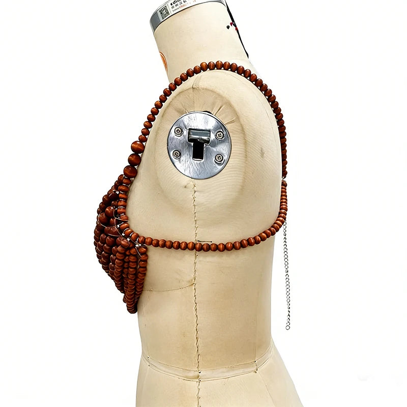 2026 New Arrival Women Brown Hand-beaded Bra Top Bikini Cover Up Statement Body Chain Wooden Beaded Top