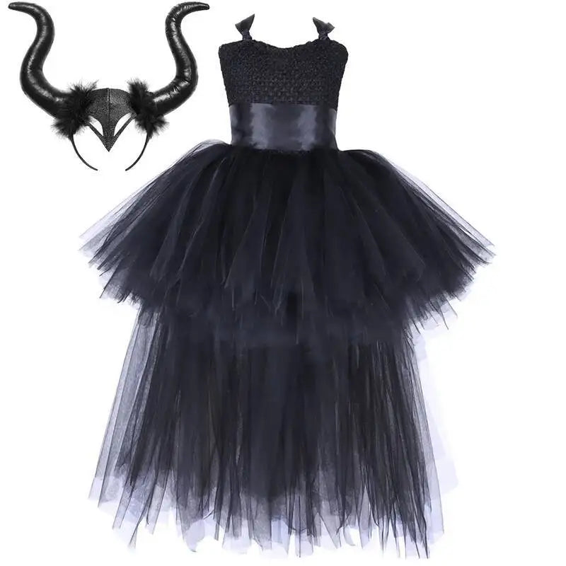 Dark Witch Halloween Costumes for Girls Black Devil Angel Fancy Trailing Dress with Feather Wings Bat Horns Kids High Low Outfit