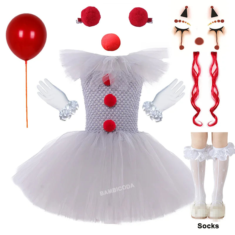 Halloween Pennywise Costume Creepy Clown Gray Tutu Dress Outfit Girls Fancy Carnival Party Tulle Dresses Joker Clothes