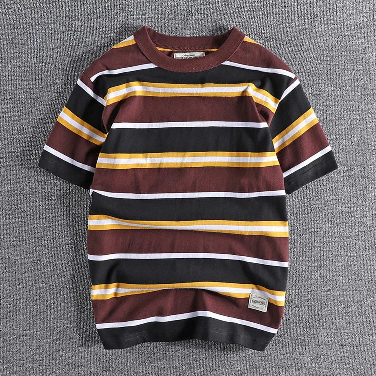 Summer Splicing Pure Cotton Stripe Short Sleeve T-shirt Streetwear Amekaji Heavyweight Casual Male Round Neck Tshirt Tops Tee