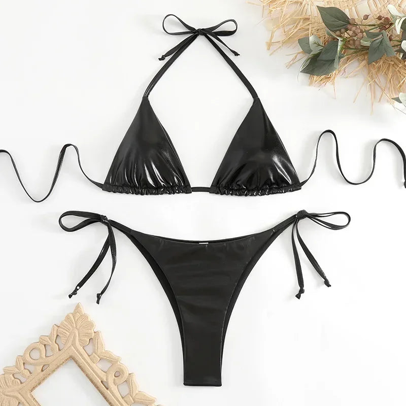 Sexy Metallic Halter Bikinis Sets Lace Up Triangle Tie Side Bikini 2026 Swimsuit Women Swimwear Brazilian Female Bathing Suits