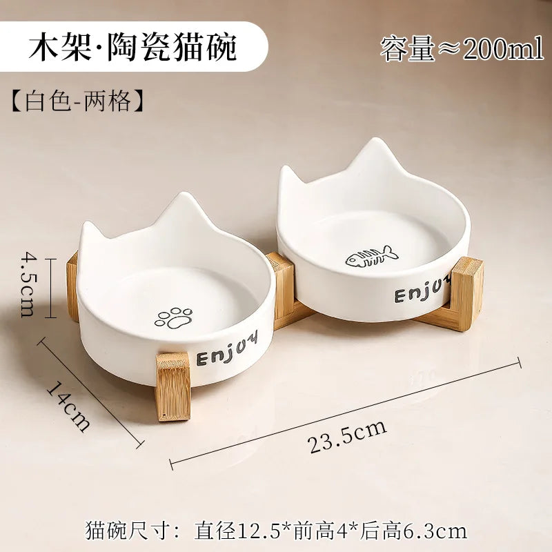 Ceramic Double Bowl Pet Cat Bowl Anti-Slip Heightened Bamboo Table Feeding Bowl Pet Supplies Water Feeders Small Dogs Supplies