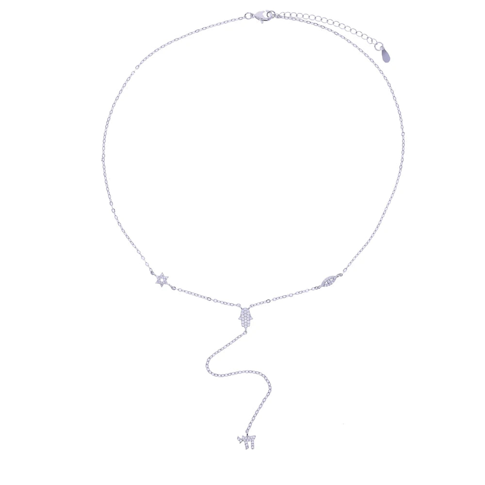 Lucky Cute CZ Star Eye Hand Chai Charm Lariat Y Necklace Amulet Judaism Sign of Life Gold Color Women Jewelry