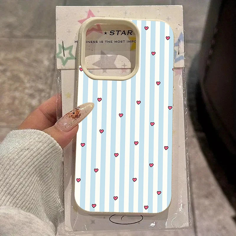 Striped Love Heart Pattern Lychee Texture Silicone Phone Case For iPhone 17 16 15 14 13 12 11 Pro Max 15 Plus 17 Air Soft Cover