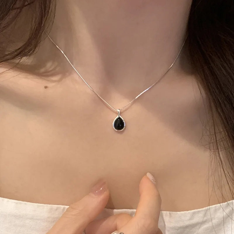 VENTFILLE  925 Sterling Silver Black Agate Necklace for Women Girl Snake Bone Chain Water Drop Jewelry Gift Dropshipping