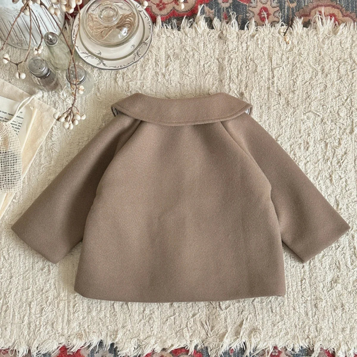 2026 Autumn Winter Baby Woolen Fabric Outerwear Sun Embroidery Collar Warm Coat for Infant Toddler Daily Jacket