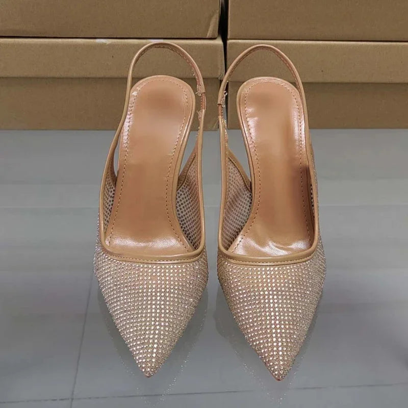 Luxury Designer Rhinestone Heeled Sandals Women Sexy Pointed Toe Mesh Breathable Thin High Heels Elegant Party Dress Pumps Shoes