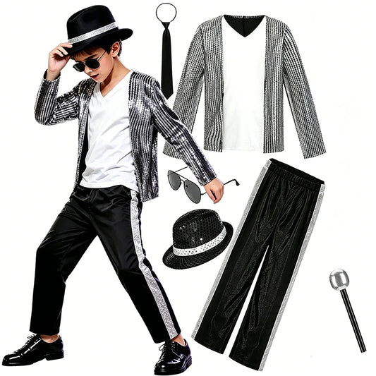 Kids Boys Michael Jackson Cosplay Costume With Accessories King Of Pop 80s Outfit Halloween Carnival Dance Fancy Dress Up
