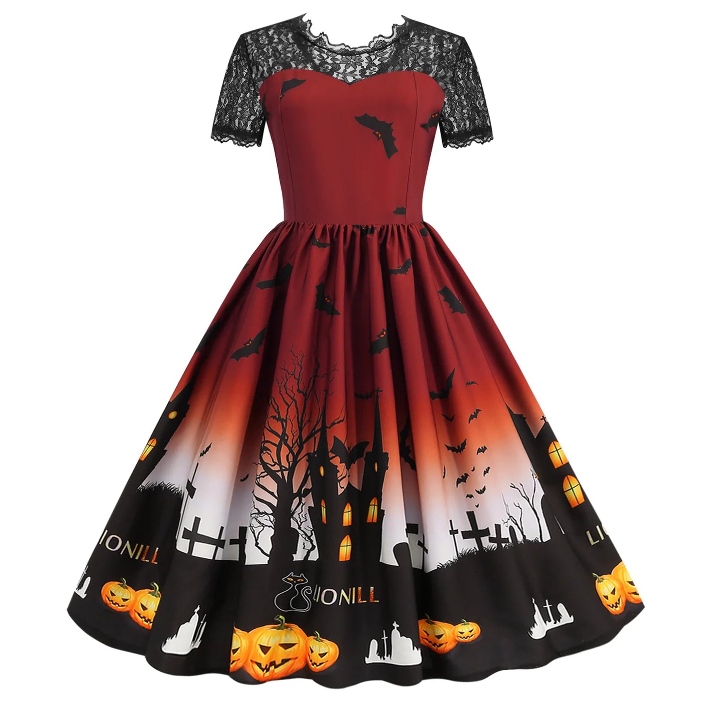 Halloween Gothic Dress Costume - Women's Retro Lace round Neck Short-Sleeved Printed Maxi Dress for Cosplay Party
