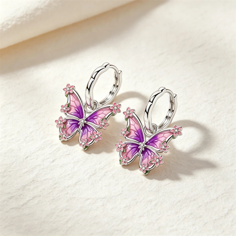 925 Sterling Silver Butterfly Flower Bee Lilac Leaf Zircon Earrings Suitable for Daily Wear as Women's Jewelry Holiday Gifts