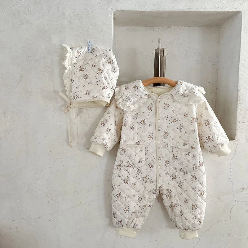 MILANCEL Winter Baby Clothes Floral Girls Rompers Fur Lining Toddler Clothes With Hat