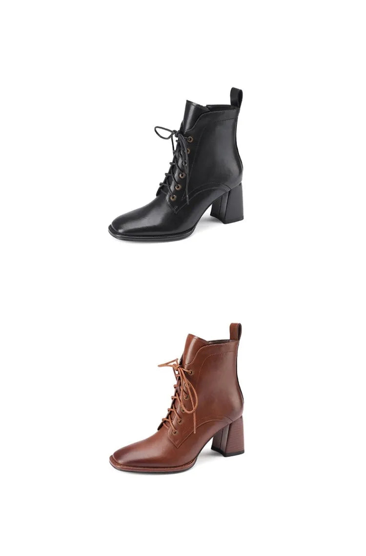 New Autumn/Winter Women Boots Cow Leather Fashion Women Shoes Square Toe High Heel Shoes for Women Lace Up Modern Short Boots