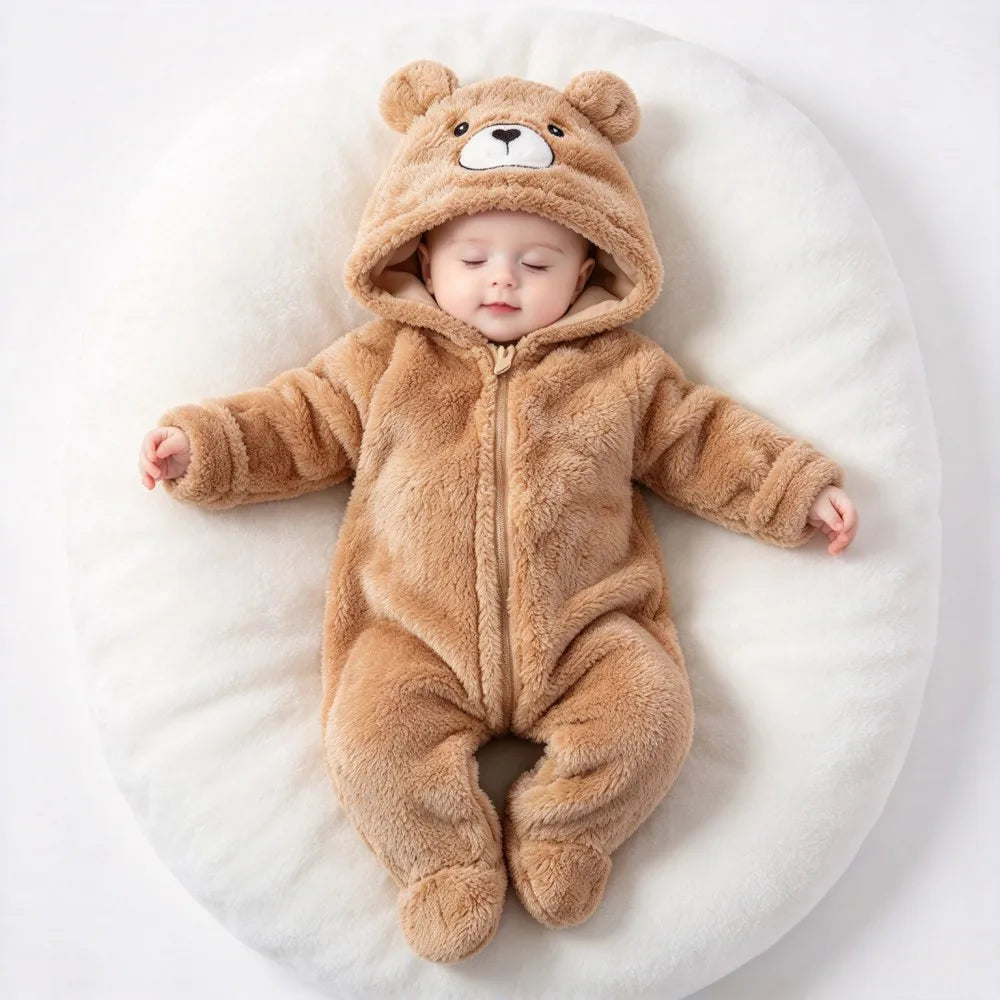 Baby Animal Onesie 0-12M Panda Bunny Bear Hooded Plush Romper Soft Warm Coral Fleece Jumpsuit Newborn Bodysuit Winter Costume