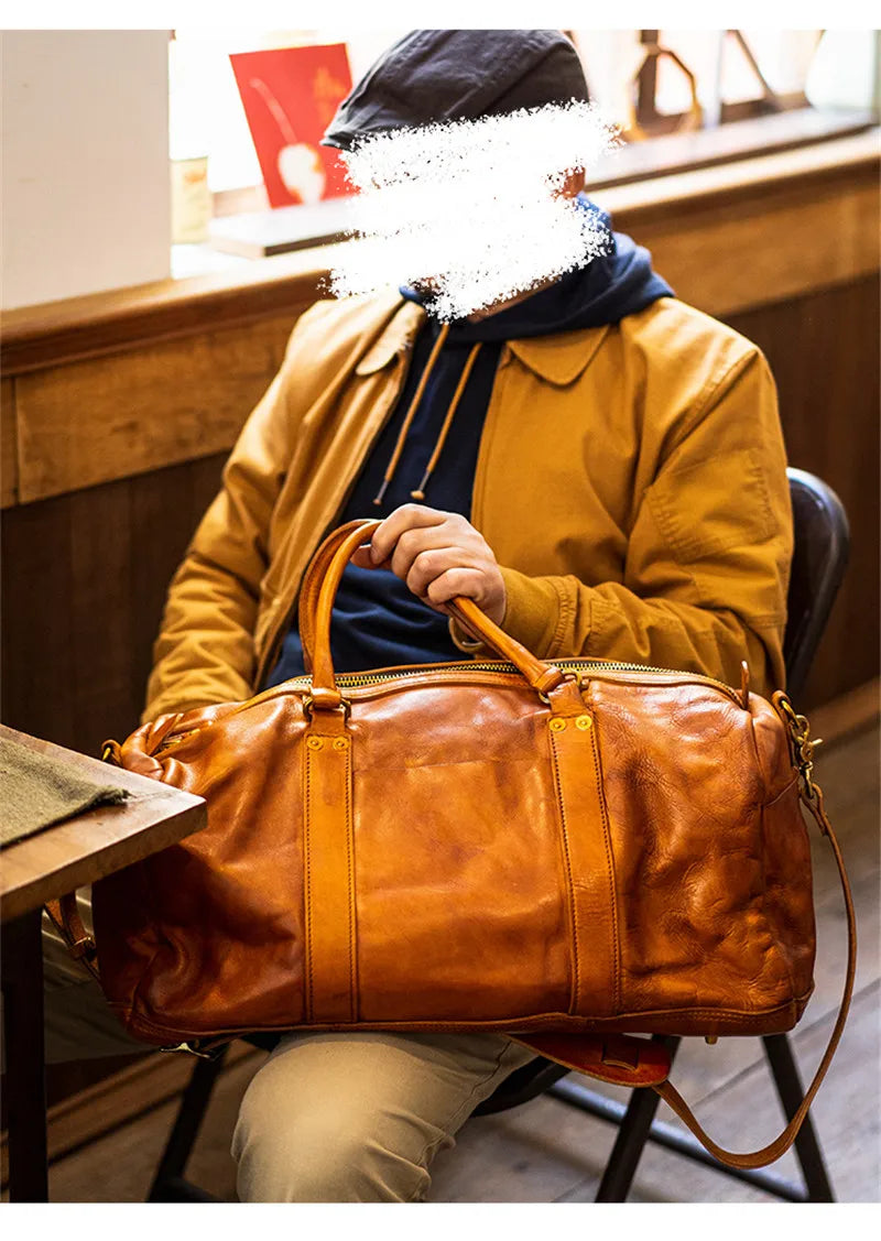 Vintage fashion luxury genuine leather men's travel bag outdoor weekend large capacity crossbody bag real cowhide women handbag