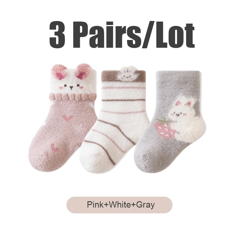 3/5 Pairs Cute Cartoon Newborn Girls Socks Winter Warm Mid Calf Toddler Socks Soft Thickened Socks for Infant Toddler Girls