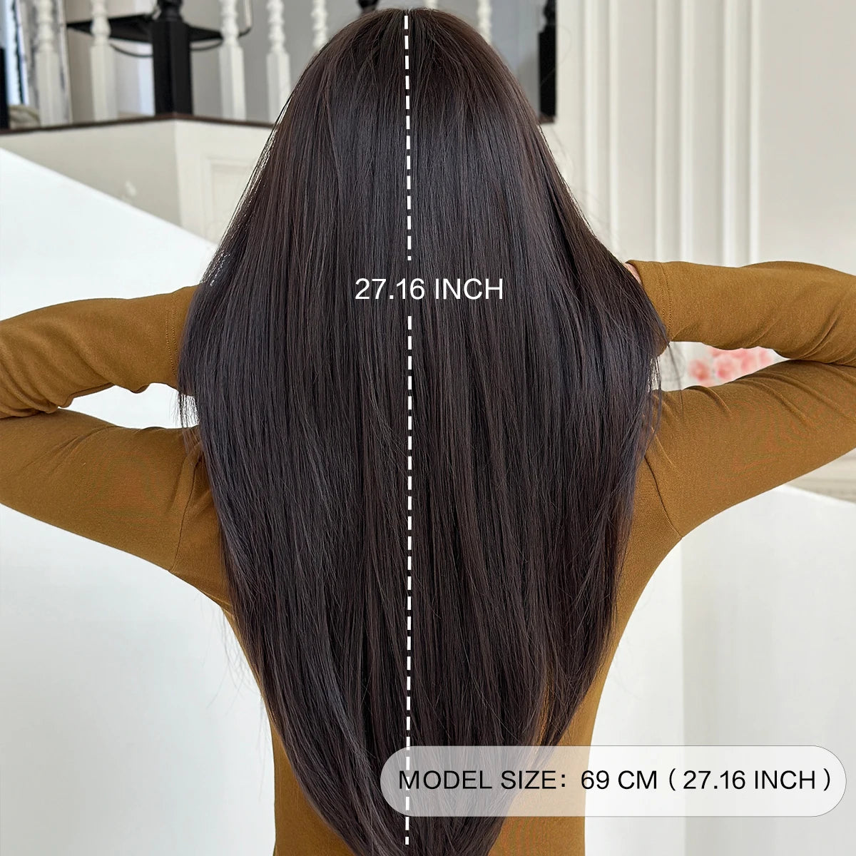 Long Straight Dark Brown Wig High Density Synthetic Middle Part Wigs with Curtain Bangs for Women Daily Party Use