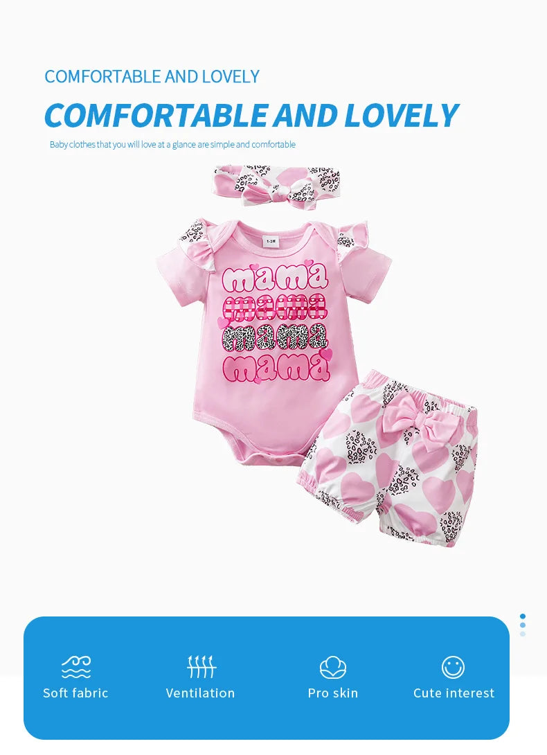 Mother's Day Themed Baby Short-Sleeved 3-Piece Set for Girls (0-18 Months), Pink Hearts and Bow Design