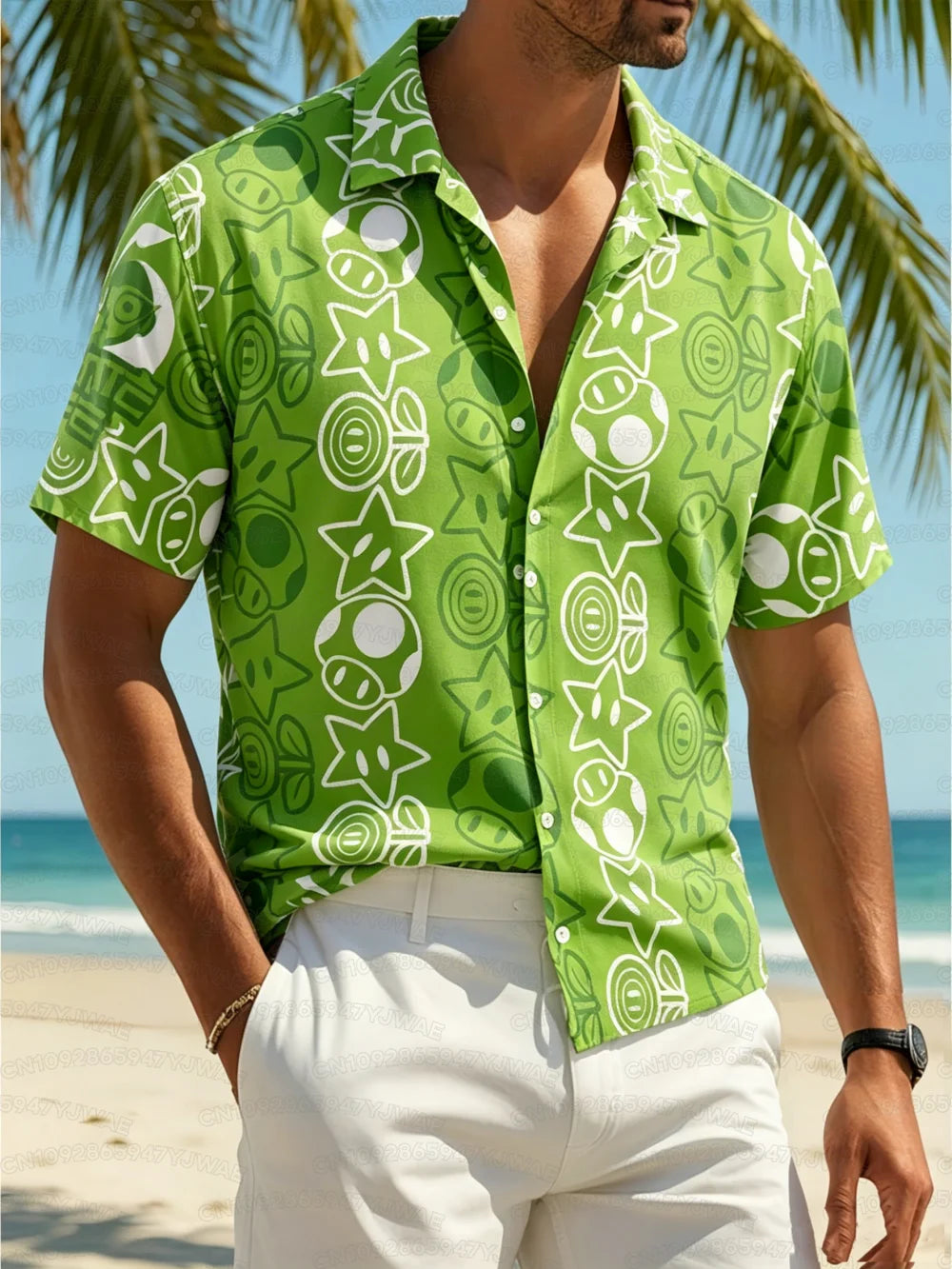 Summer Men's Women's Yoshi Full Body Printed Button Casual Hawaiian Shirt Summer Beach Vacation Short Sleeve Shirt