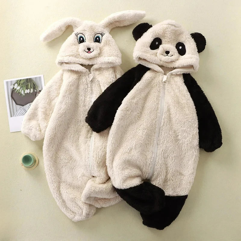 Baby Winter Romper Fleece Cartoon Panda Bunny Hooded Jumpsuit for Boy Girl Clothes Soft Loungewear Thicken Toddler Infant Onesie