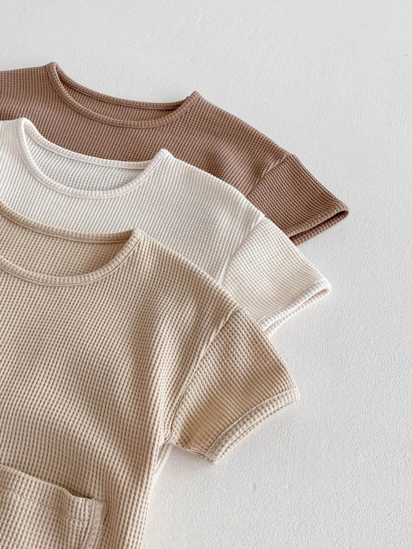 New Korean Style Baby Summer Cotton Simple Comfortable Short - Sleeve Waffle - Knit Onesie with Small Pocket Decoration Romper