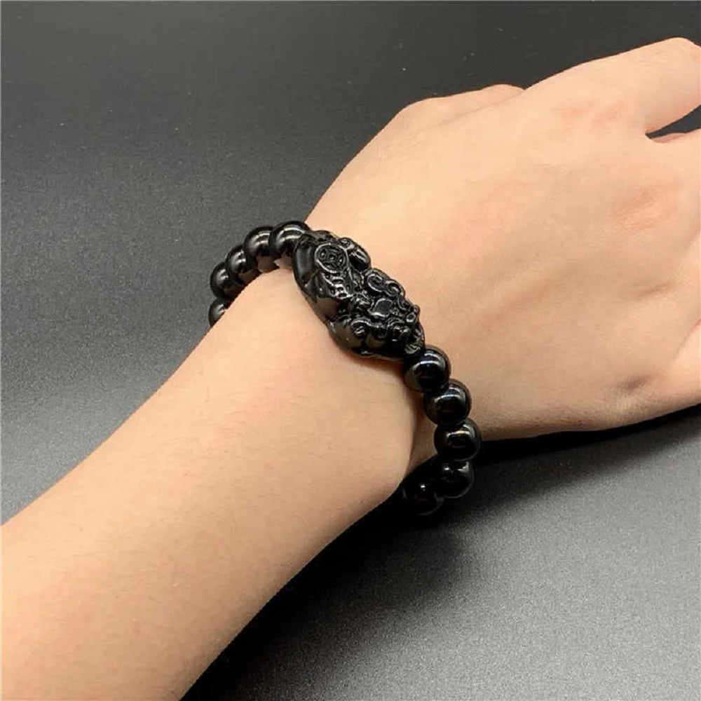 Fashion Jewelry Unisex Pixiu Men Attract Wealth Women Bracelets Obsidian Stone Beads Wristband Good Luck Bangle