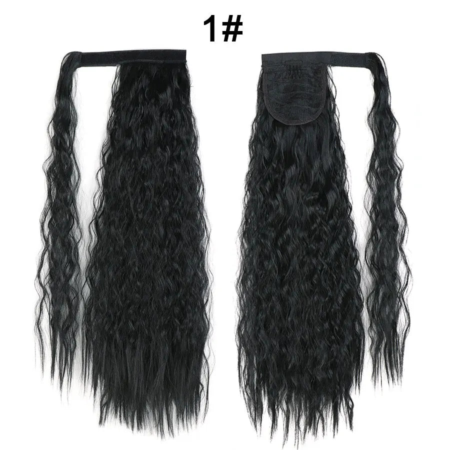 Synthetic Long Corn Wave Ponytail Extension Magic Paste Heat Resistant Wavy Wrap Around Ponytail Black Hairpiece for Women