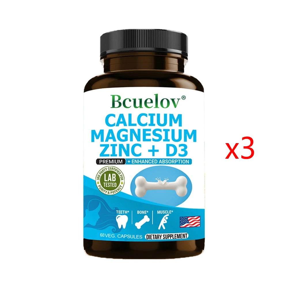 Calcium + Magnesium + Zinc + Vitamin D3 Capsules - Supports Bone and Nervous System Health and Improves Mood