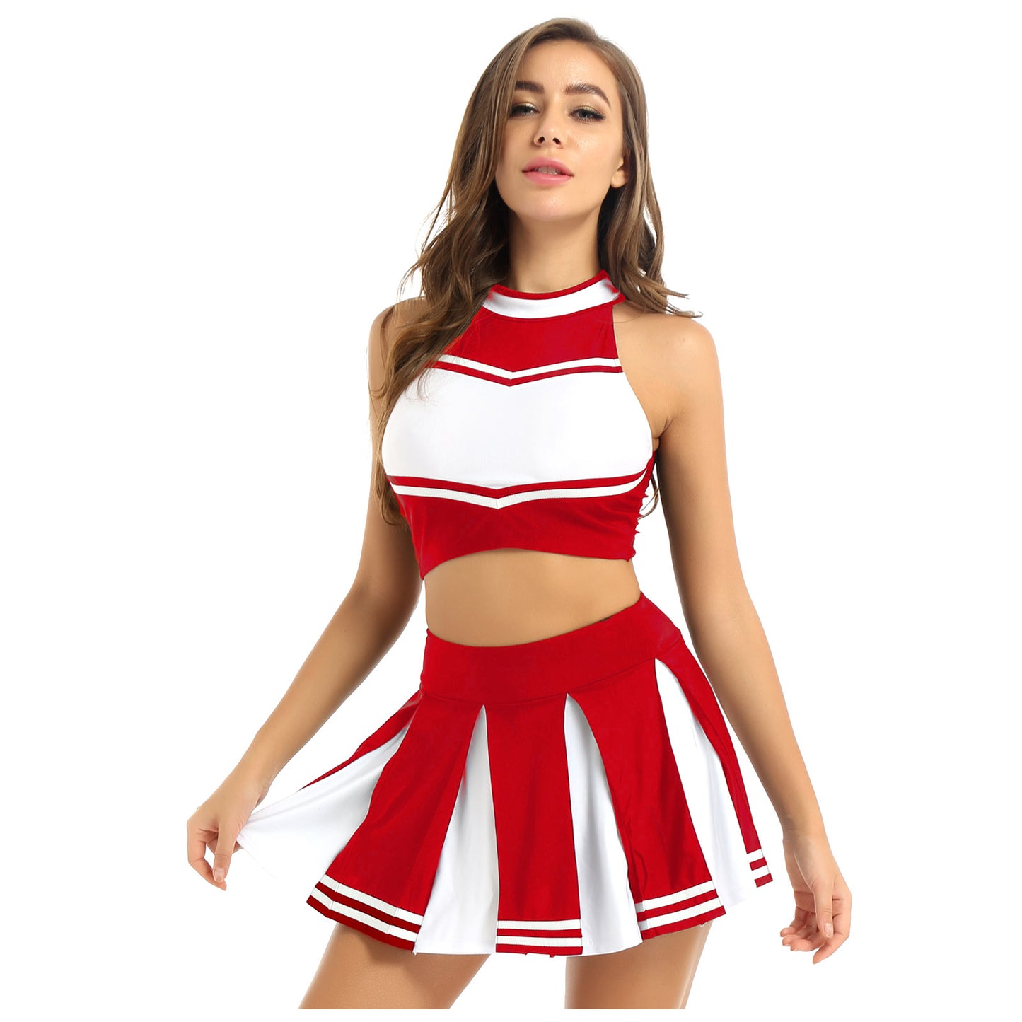 Women Cheerleading Cheerleader Costume Uniform School Girls Carnival Cosplay Outfits Stand Collar Crop Top with Mini Skirt