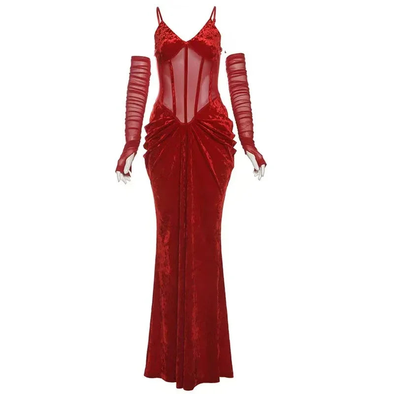 Fashion Velvet Women Camis Dress Y2K Sexy Slim Spaghetti Straps All Match Midi Dress Korean Chic Pleats Party Club Long Dress