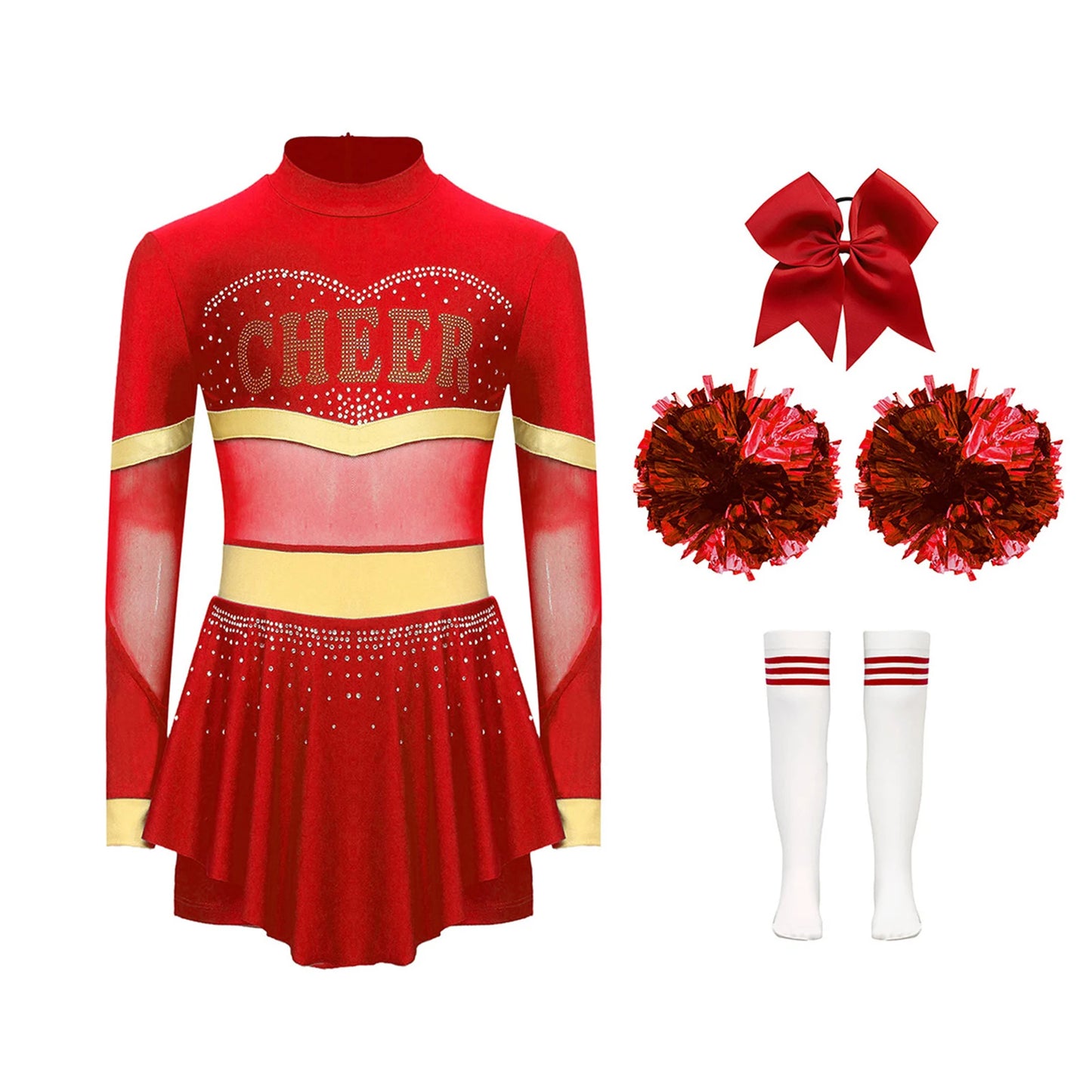 Girls Cheerleader Costume Long Sleeve Cheerleading Uniform Children Cheer Dance Dress Hand Flower Socks Stage Dancewear Sets