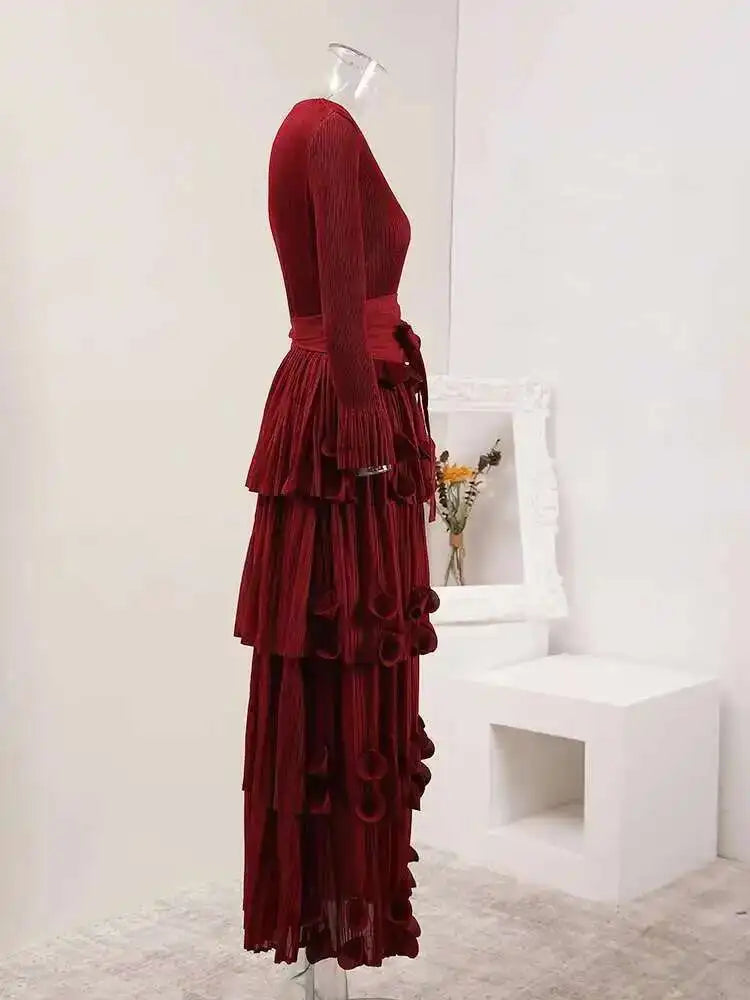 LANMREM Pleated Appliques Long Dresses For Women Round Collar Lace-up Full Sleeve Evening Party New 2025 Lady Dress 32S1173