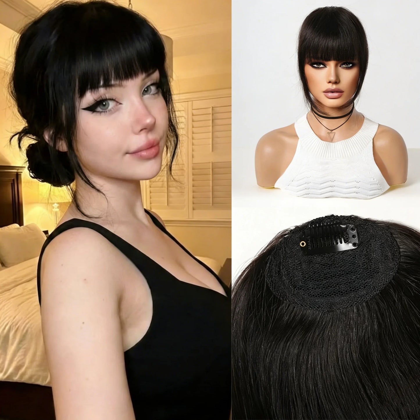 100% Remy Human Hair Fringe Bangs Clips in Natural Black Human Hair 3D Air Fringe Bangs Hairpieces for Women with Thinning Hair