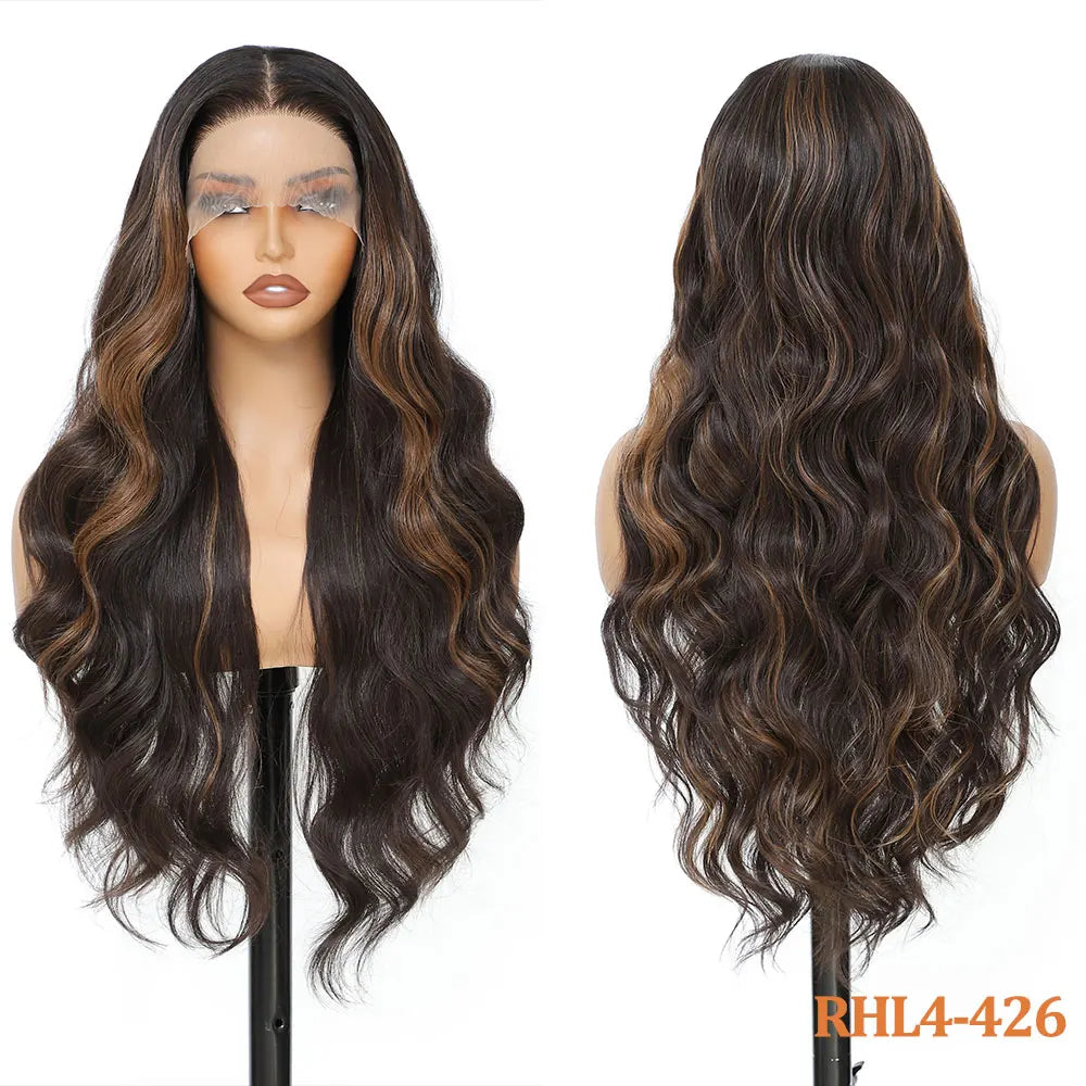 30 Inches 13x4 Body Wave Lace Front Wig Synthetic Loose Deep Wave Highlight 300 Grams Baby Hair Lace Frontal Wig For Women