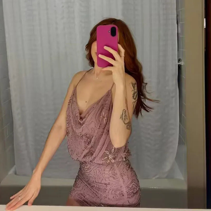 Sequin Rhinestone Woman Summer Dress Short Prom Backless Mini Dresses  V-Neck Halter Tops Mini Dress Pink Pleated Ladies Clothes