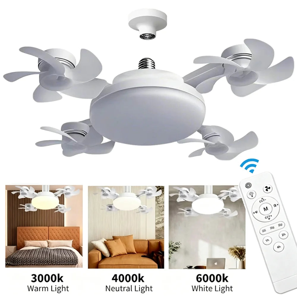E27 Screw in Ceiling Fan with Remote Control Socket Fan Light Drone Fan Dimmable 3Color Temperatures for Bedroom Kitchen Garage