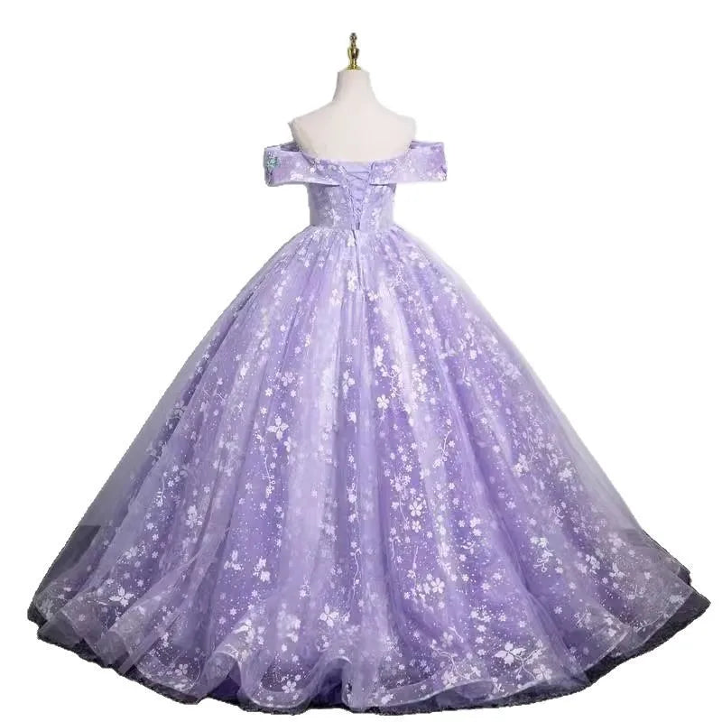 Elegant purple evening dress temperament one-shoulder solo puffy skirt student vocal music art exam annual meeting host