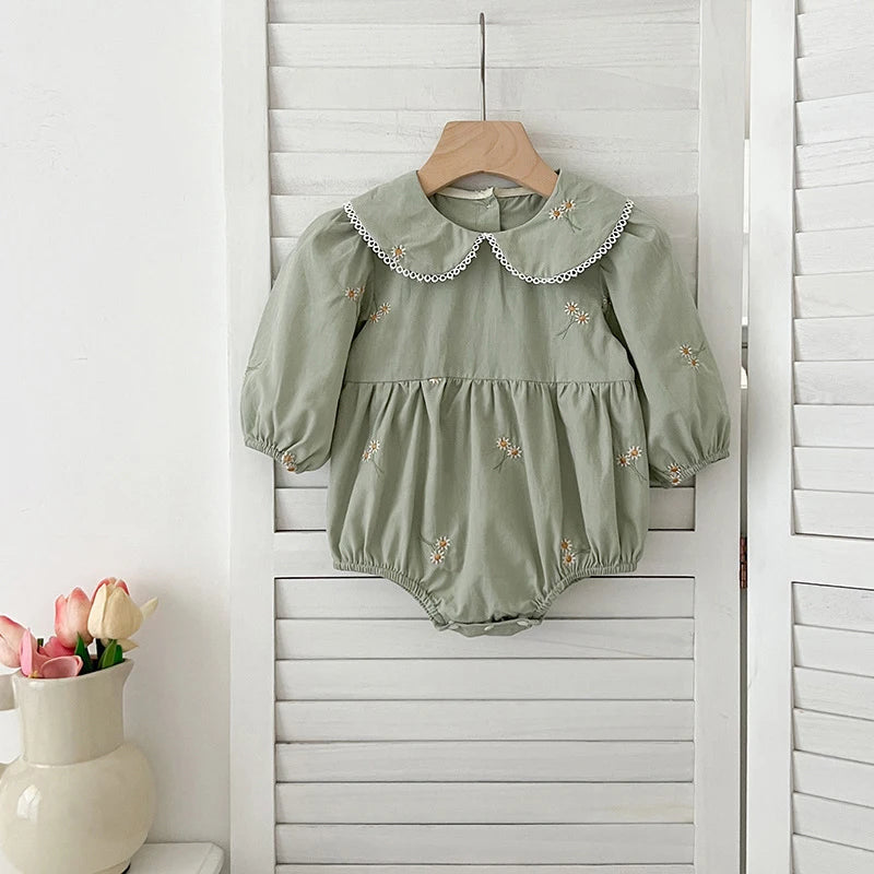 0-24M New Newborn Baby Girl Lapel Korean Style Bodysuit Autumn Long Sleeved Cotton Embroidery Climbing Suit Baby Girl Clothing