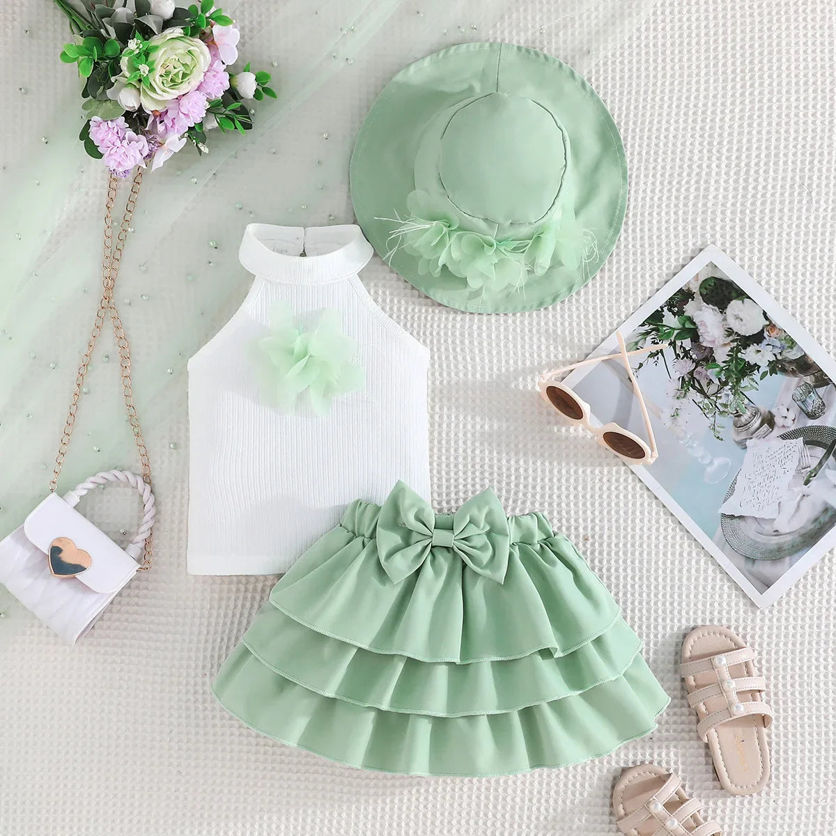 Toddler Girl Outfit Sets Sleeveless Turtleneck Fixed Flower T-shirt+Layered Skirt+Sun Hat Summer 3pcs Sets For Baby Girl Clothes
