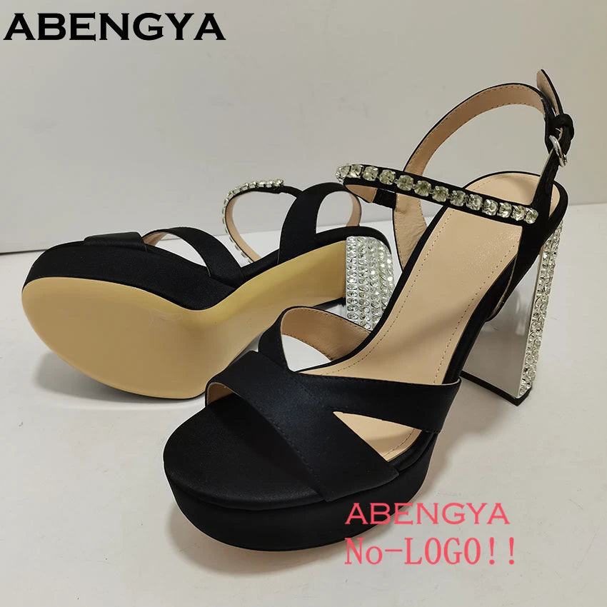 Luxury Crystal Chunky Heels Gladiator Sandals Women Sliver Leather Slingback High Heel Party Shoes Open Toe Women's Sandalias