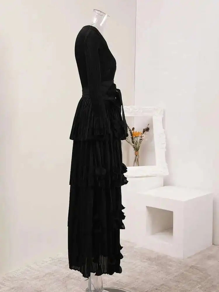 LANMREM Pleated Appliques Long Dresses For Women Round Collar Lace-up Full Sleeve Evening Party New 2025 Lady Dress 32S1173